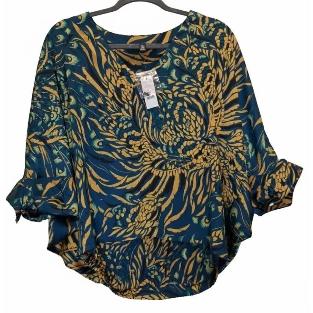 White house womens small blouson bat wing blouse top yellow blue forrest jungle